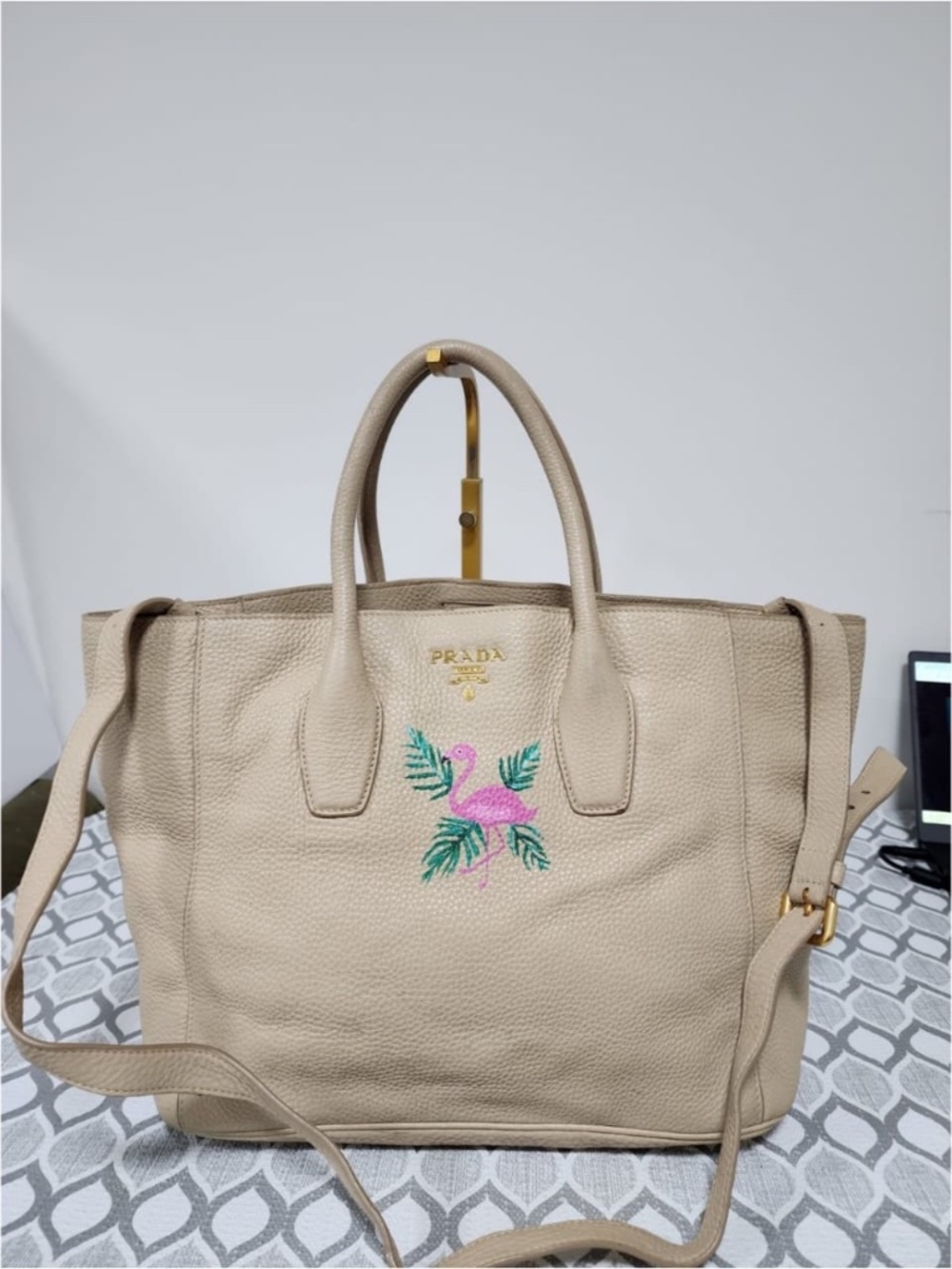 Authentic Prada Limited Edition Embroidered Flamingo Tote Bag Beige